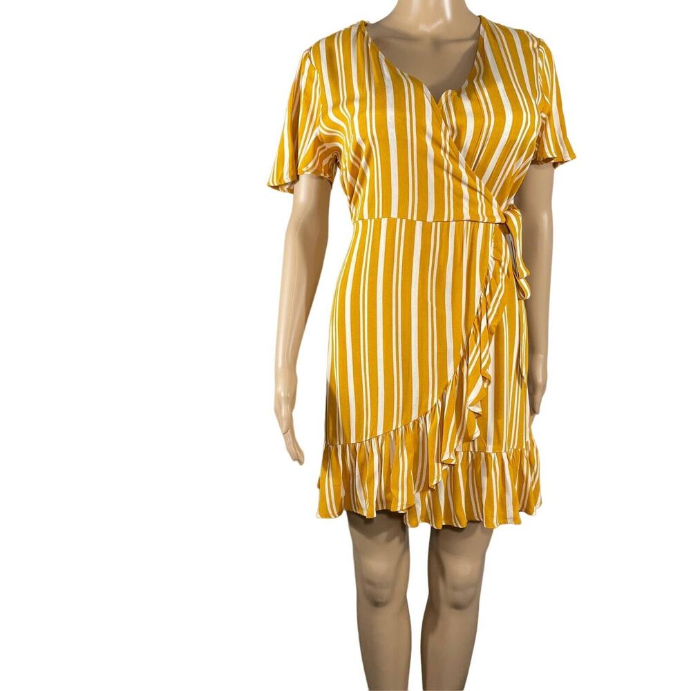 Xhilaration Womens Ruffled Wrap Dress Junior’s S Short Sleeves Stripped Yellow